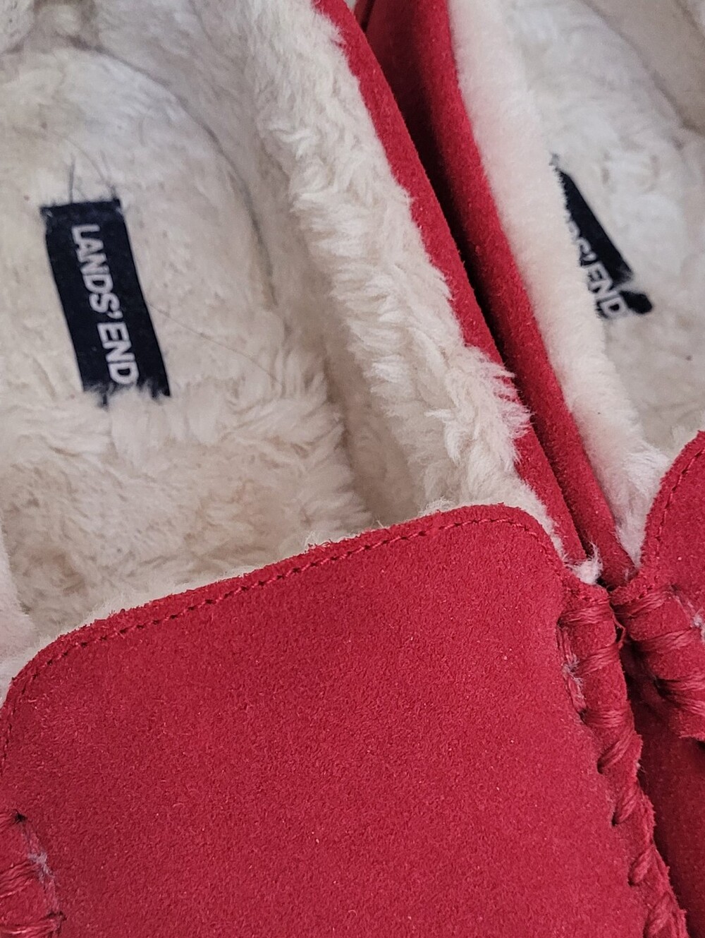 Lands' Ends Bright Red Suede Moccasin Slippers - Picture 2 of 5